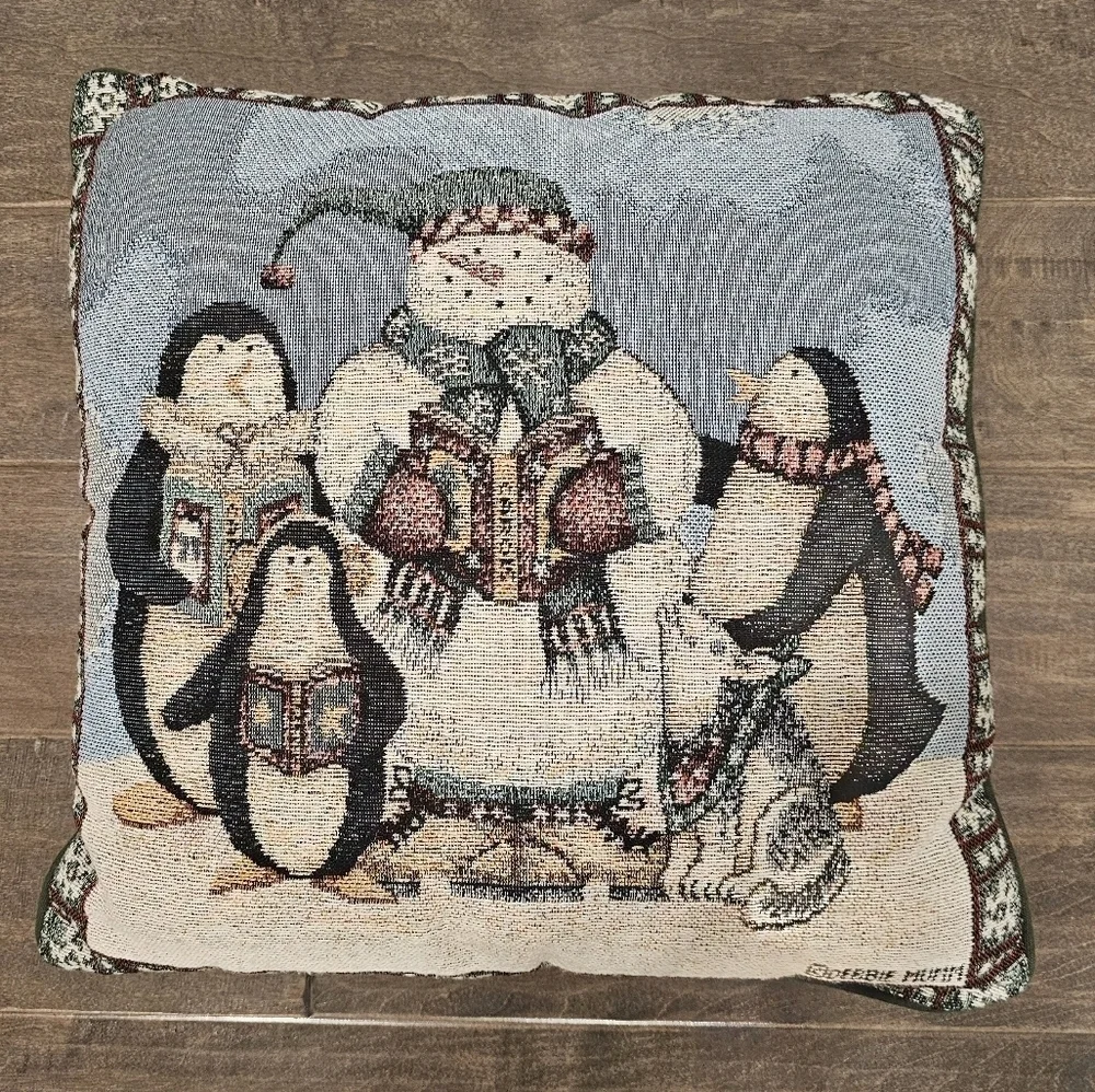 Vintage Debbie Mumm Tapestry Pillow with a Snowman, Pup, & Penguin Carolers